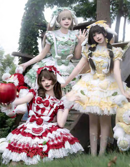 Rabbit Ear Apple Pie - Sweet Lolita OP Dress, A Big Bow Tailing, Headband and Hat