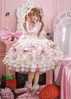 Bramble Rose - Starberry Eden Garden - Classic Tea Party Princess Rococo Lolita OP Dress, Bonnet, Choker and Triangle Headband