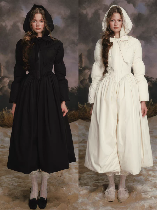 LaceMade - Black and White Warrior - French Retro Classic Elegant Hooded Casual Lolita Down Jacket Dress for Winter
