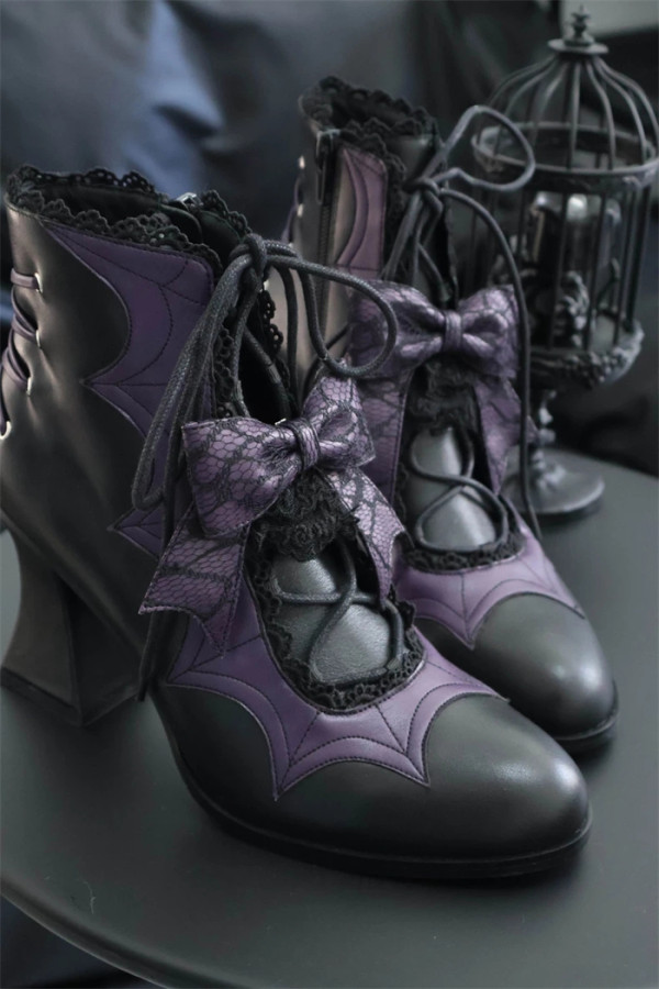 Gururu - Pointed Toes Bat Leather High Chunky Heels Halloween Gothic Lolita Ankle Boots