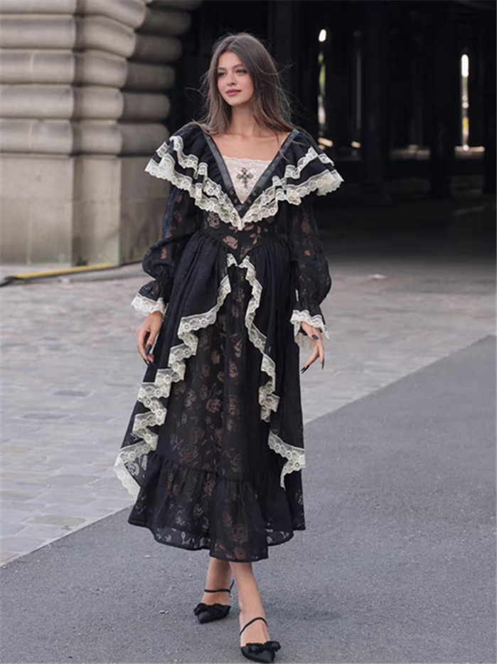 chinese dress ladies Long Sleeves Scalloped-Edge Lace Party Dress – FancyVestido main image 0