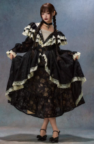 LaceMade - Cruella - Elegant French Retro Long Sleeves Lace Halloween Black Casual Daily Lolita OP Dress and Brooch