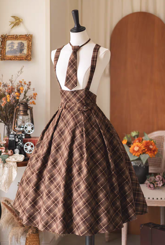 Forest Wardrobe -Forest Rhythm- Retro England School College Preppy Classic Casual Lolita Plaid Corset Overall Dress