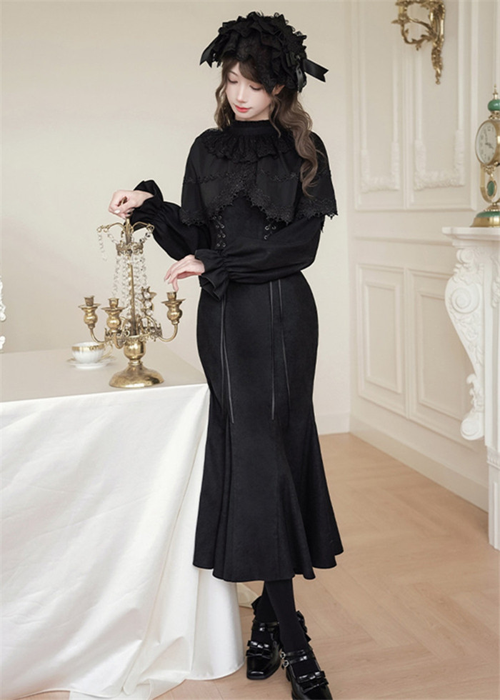 Withpuji -Dreamless Person- Elegant Gothic Casual Lolita Dress, Brooch and Headband (M/Op Dress (Mermaid Version))