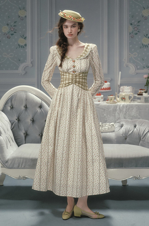 LaceMade -Windsor Gardens- French Countryside Cotton Daisy Long Sleeves Classic Casual Daily Corset Dress