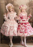 Bramble Rose -Antique Cake- Retro Vintage Classic Tea Party Princess Wedding Rococo Lolita OP Dress and Accessories (Pink and Wine Version)