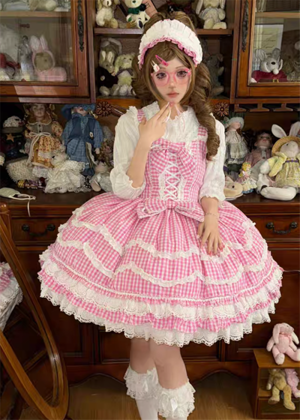 Checkered Baileys - Retro Vintage Old Fashion Doll Plaid Classic Lolita JSK and Blouse
