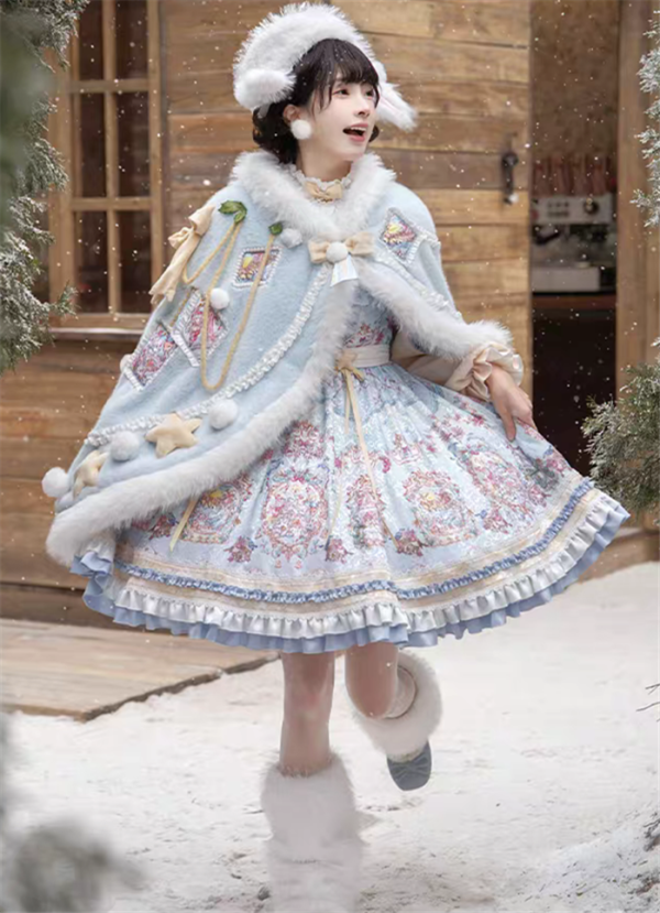 Yinluofu -Ode to the Snowy Scape- Elegant Vintage Sweet Lolita OP Dress with Wool Leg Warmers, Wool Cape and Wool Hat