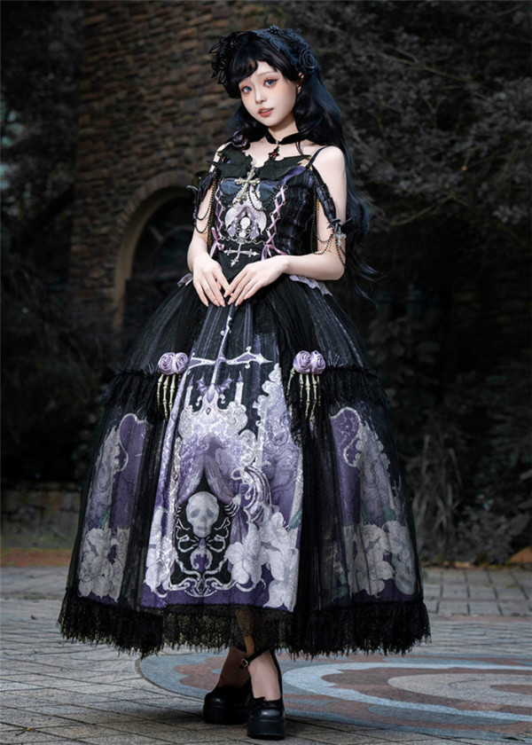 Your Princess -Skeleton Ghost- Elegant Gothic Lolita Corset Topwear, Long Skirt and Accessories Set