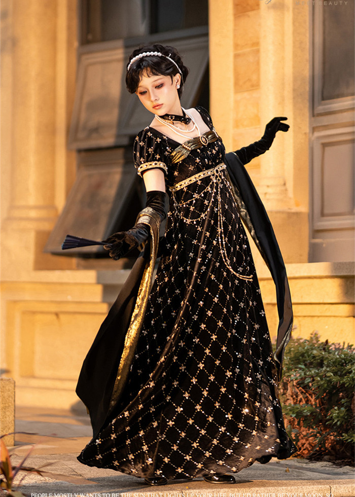 Lingxi -Stardust Mirror- Glamorous Beaded Velvet Empire Palace Retro Classic Vintage Lolita OP Dress and Accessories (Custom Tailor/OP Dress (Dress