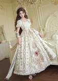 Unknown Star -Sacred Coronation- Elegant High Waist Retro Classic Vintage Lolita OP Dress, Necklace and Shawl