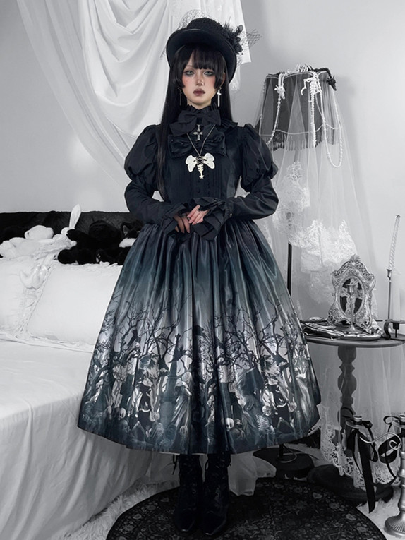 Nn Star -The Shadow of The Cemetery- Retro Gothic Lolita JSK, Headband and Headbow