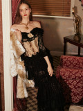 LaceMade - Phantom Canary - Vintage Retro French Prom Evening Party Casual Lolita Corset Topwear and Long Lace Skirt