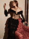 LaceMade - Phantom Canary - Vintage Retro French Prom Evening Party Casual Lolita Corset Topwear and Long Lace Skirt