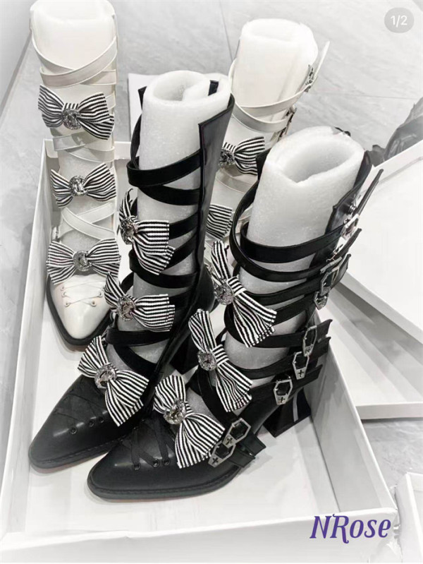 Nrose -Faded Dream of the Moon Crow- Cross Buckle Bow Pointed Toe High Chunky Heel Alternative Gothic Lolita Boots
