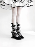 Nrose -Faded Dream of the Moon Crow- Cross Buckle Bow Pointed Toe High Chunky Heel Alternative Gothic Lolita Boots