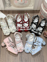 Strawberry Love - Kawaii Cute Lace Bow Cross Strap Heart Buckle Round Toe Strawberry Heel Sweet Mary Jane Lolita Shoes