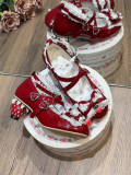 Strawberry Love - Kawaii Cute Lace Bow Cross Strap Heart Buckle Round Toe Strawberry Heel Sweet Mary Jane Lolita Shoes