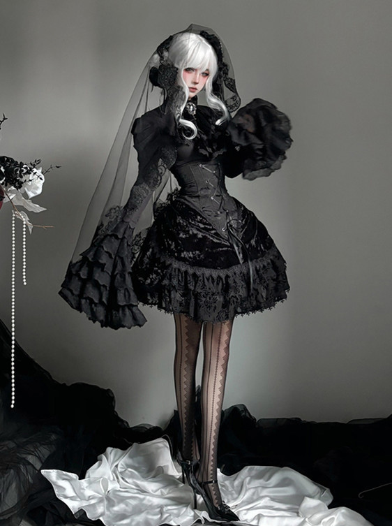Curtainfall Moment - Elegant Gothic Lolita Blouse, Corset Velvet Skirt and Accessories