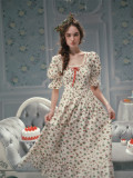 LaceMade -Strawberry Paradise- European French Countryside Cotton Square Neck Floral Retro Vintage Casual Lolita Dress
