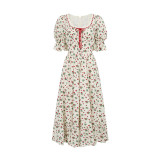 LaceMade -Strawberry Paradise- European French Countryside Cotton Square Neck Floral Retro Vintage Casual Lolita Dress