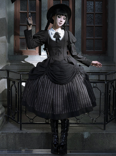 Lingxi -Striped Chronicles- Preppy Gothic Lolita Topwear, Skirt, Necktie and Hairclips
