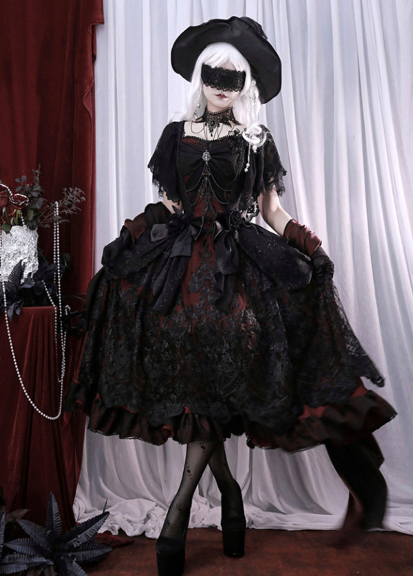 Lingxi -Nightmare Lilith- Victoria Gothic Lolita OP Dress, Overskirt, Arm Sleeves and Choker