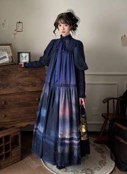 Midnight Garden - Classic Casual Lolita OP Dress with Waistband and Collar Ribbon