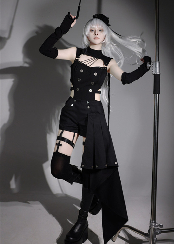 Unknown Star -Dance Party Thief- Gothic Ouji Boystyle Lolita Jumpsuit with Leg Belts, Shorts and Arm Sleeves Set