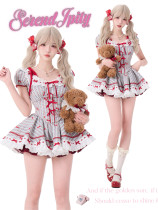 Cute Kawaii Harajuku Blue Plaid Dress and Red Bloomer