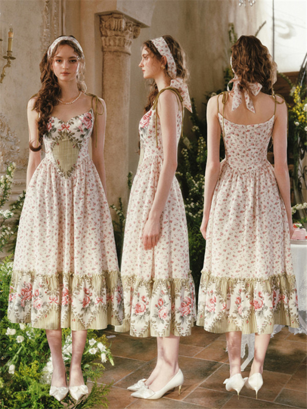 LaceMade -Wild Rose- European Retro Vintage French Countryside Cotton Corset Classic Casual Lolita Dress