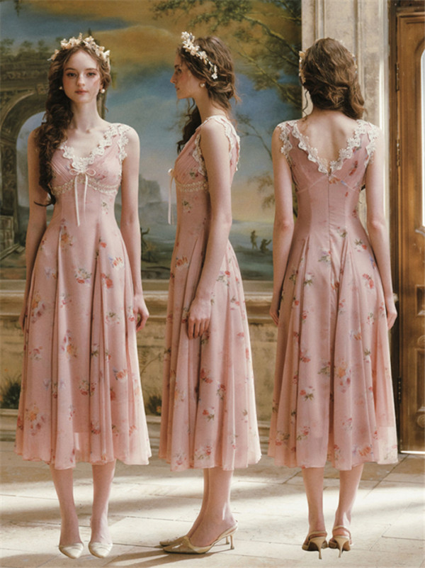 LaceMade -Letters from the Rose- Retro Vintage French Countryside Chiffon V Neck Casual Lolita Dress