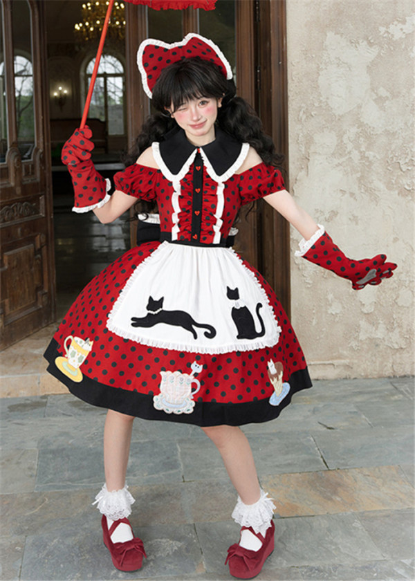 Teacup Meow - Polka Dot Retro Sweet Lolita OP Dress, Apron, Hat and Gloves
