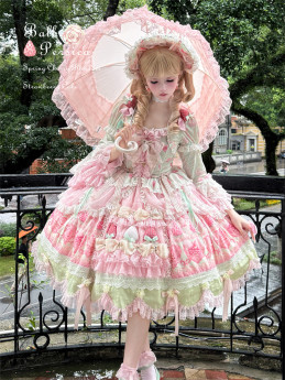 Ball Persica -Spring Cherry Blossom Strawberry Cake- Retro Doll Classic Sweet Lolita OP Dress, JSK, Blouse and Accessories