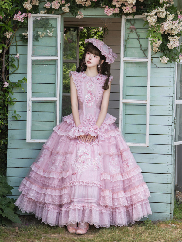 Pink Rose - Ballet Princess Classic Lolita Topwear, Skirt, Overskirt and Hat Set