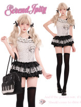 Cute Kawaii Harajuku White Polka Dot Print Topwear and Black Polka Dot Tiered Skirt