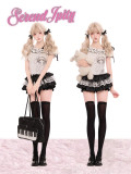 Cute Kawaii Harajuku White Polka Dot Print Topwear and Black Polka Dot Tiered Skirt