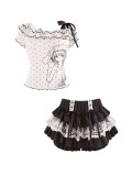 Cute Kawaii Harajuku White Polka Dot Print Topwear and Black Polka Dot Tiered Skirt