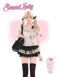 Cute Kawaii Harajuku White Polka Dot Print Topwear and Black Polka Dot Tiered Skirt