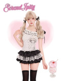 Cute Kawaii Harajuku White Polka Dot Print Topwear and Black Polka Dot Tiered Skirt