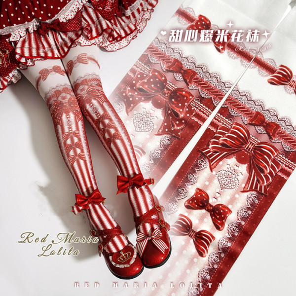 Red Maria -Sweet Popcorn- Bowknot Print Sweet Lolita Tights