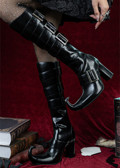 Just About Vintage - Genuine Leather Pointed Toe Chunky High Heel Calf Length Gothic Witch Lolita Boots Shoes