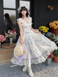 Purple Flower Basket - Classic Casual Simple Daily Lolita JSK with Waistband, Lace Overskirt and Headband