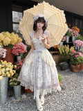 Purple Flower Basket - Classic Casual Simple Daily Lolita JSK with Waistband, Lace Overskirt and Headband