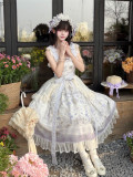 Purple Flower Basket - Classic Casual Simple Daily Lolita JSK with Waistband, Lace Overskirt and Headband