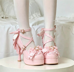 Round Toes Star Buckle Angel Wing Decor Bow Lace Ankle Strap Platform High Heels Sweet Classic Princess Lolita Shoes