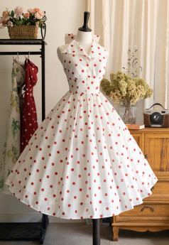 Forest Wardrobe -Afternoon Forest- American French Retro Vintage Turn Down Collar Halter Backless Polka Dot Daily Wear Casual Simple Lolita Dress