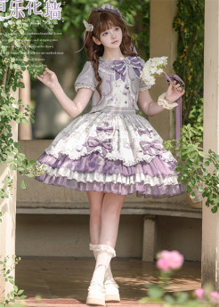 Honey Machine -Music Flower Wall- Lavender Purple Printed Cute Sweet Lolita OP Dress and Hat