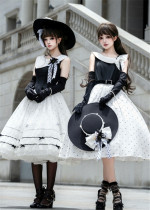 Another Walker - Elegant Polka Dot Classic Lolita OP Dress, Hat and Rosette Pins