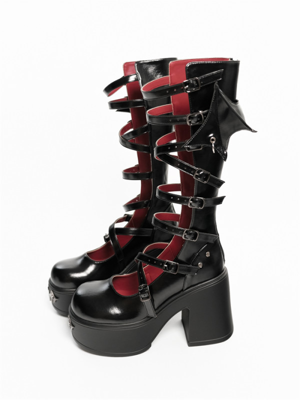Gururu -Feast Invitation- High Heel Round Toe Buckle Belts Platform Hollow Genuine Leather Calf Length Bat Halloween Gothic Lolita Boots